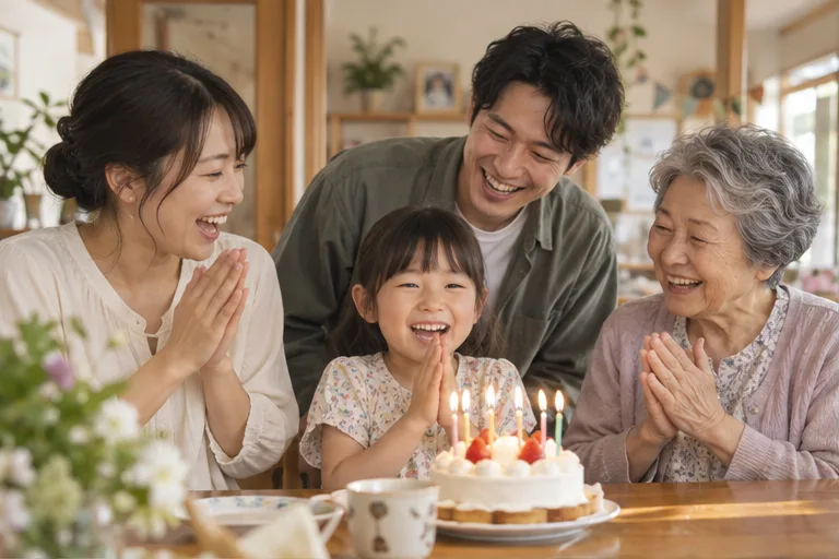 Family celebrating a birthday around a cake