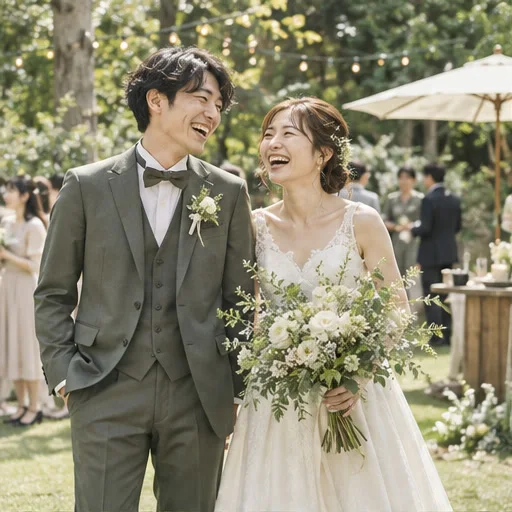 A couple sharing a smile on their wedding day