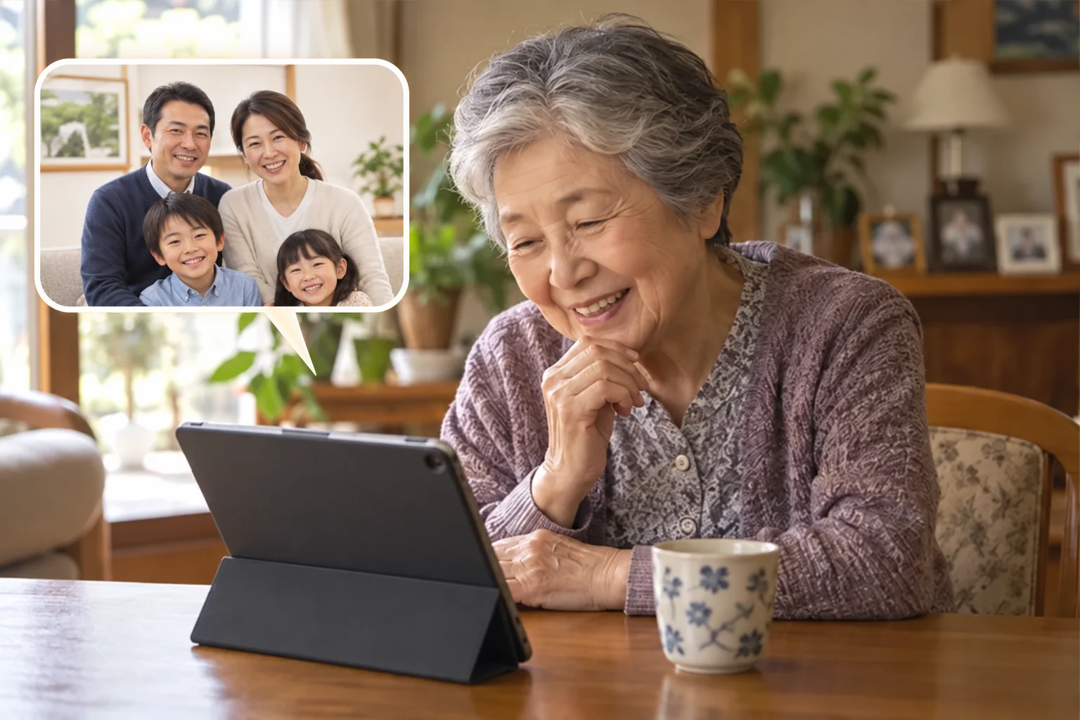 Family photos on a tablet at home